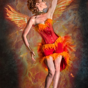 May include: A woman wearing a red and orange corset with feathers, standing in front of a fiery background. She is wearing a gold bracelet and has her hair styled in a bun.