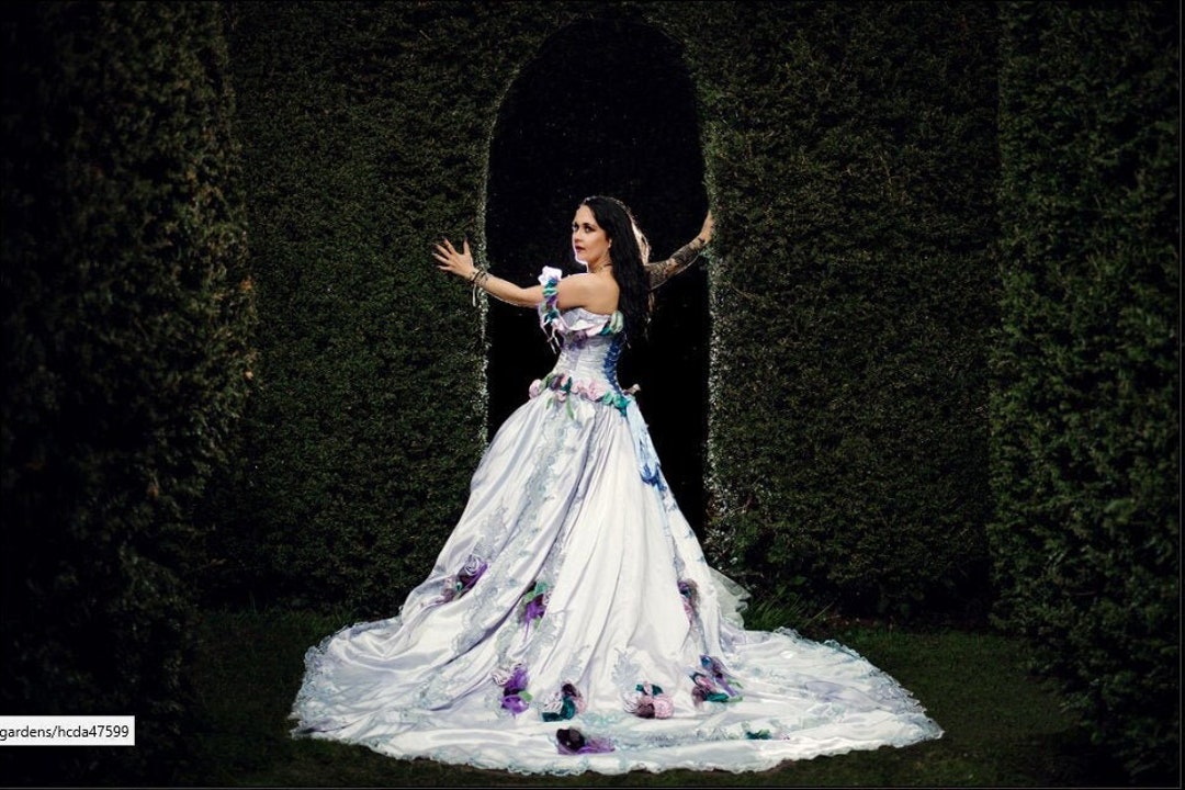 purple white wedding dress Ombre Purple Straps Slit Puffy Aline Wedding Gown