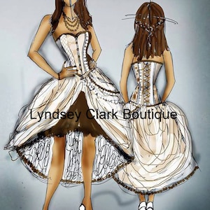Illustration art print Steampunk bohemian wedding dress design