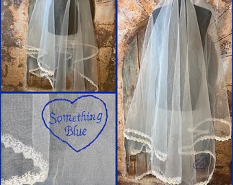 Embroidered 'Something blue' ivory veil