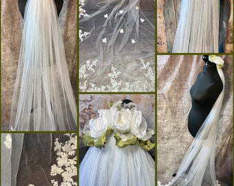 Ivory veil with ivory fabric flowers and lace accents