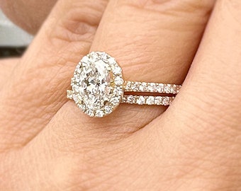GIA Certified Natural Oval Cut Moissanite And Round Cut Sides Engagement Ring And Matching Band Halo Bridal Set 14K Solid Yellow Gold 1.80ct