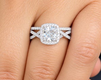 GIA Certified Cushion Cut And Round Cut Natural Diamond Engagement Ring And Band Twisted Shank 14k White Gold Halo Wedding Set 2.40ctw