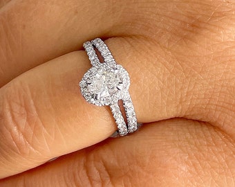 GIA Certified Natural Oval Shape And Round Cut Sides Diamonds Engagement Ring And Matching Band Set Halo Bridal Set 14k Solid White Gold 1.7