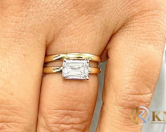 GIA Certified Natural Emerald Cut Diamond Ring And Matching Band Solitaire Four Prong Set Wedding Set 14K Solid Yellow Gold Bridal Set 1.50