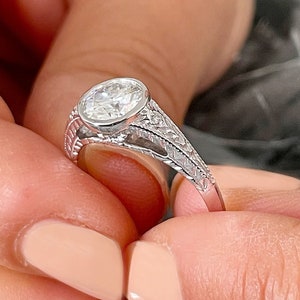 Round Cut Moissanite Ring And Natural Diamond Engagement Ring Bezel Set Solitaire Wedding Ring Bridal Ring For Her 14k Solid White Gold 1.04