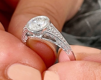 Round Cut Moissanite Ring And Natural Diamond Engagement Ring Bezel Set Solitaire Wedding Ring Bridal Ring For Her 14k Solid White Gold 1.04
