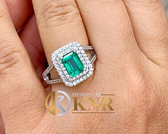 14k solid white gold simulated green emerald and natural round cut diamonds ring split band, double halo, bridal, engagement, wedding 2.80ct
