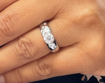 14k solid heavy white gold round cut natural diamond semi bezel engagement ring wedding 0.76ct