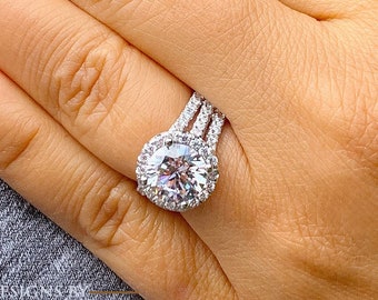 Anillo de compromiso con moissanita de corte redondo y diamantes laterales CVD, estilo triple caña, anillo nupcial con diseño de halo en oro blanco macizo de 14 k, 4,20