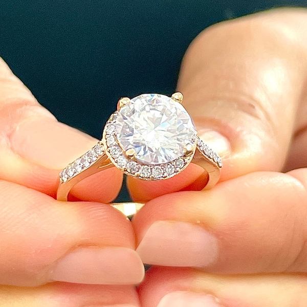 Round Cut Moissanite Engagement Ring Halo Filigree Style Prong Bridal Ring Wedding Ring Propose Ring 14K Solid Rose Gold Ring For Her 3.30ct