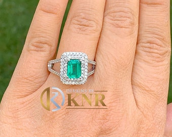 14k solid white gold natural green emerald and natural round cut diamonds ring split band, double halo, bridal, engagement, wedding 2.80ct