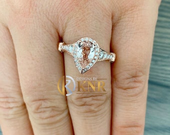 14k solid rose gold natural pear morganite and natural round cut diamond ring Wedding Prong halo prong pave set 2.50ctw