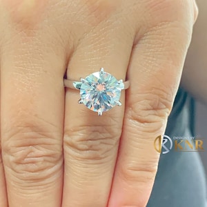 Large FIVE Carat Round Cut Moissanite Engagement Ring Solitaire Set Bridal Ring Prong Set Wedding Ring in 14k Solid White Gold Ring For Her