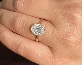 Oval Shape Moissanite Ring and Round Cut Sides Engagement Ring Halo Bezel Set Bridal Propose Ring 14k Solid Yellow Gold Wedding Ring 1.20ctw