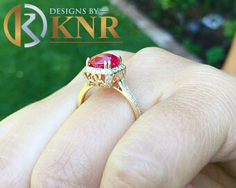 14k Solid Yellow Gold Round Cut Ruby And Diamond Antique Design Halo Deco Ring Bridal Wedding Anniversary Halo Natural Diamonds 2.50ctw