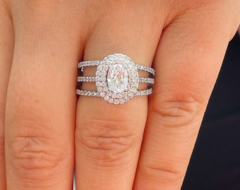 Oval Shape and Round Cut Sides Natural Diamond Engagement Ring And Two Bands Double Halo 14k Solid White Gold Bridal Wedding Set 1.50ctw