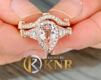 14k solid rose gold natural pear morganite and natural round cut diamond ring and band Wedding, Bridal, Anniversary, Prong, halo 3.25ctw