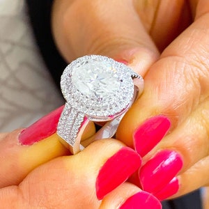 Oval Shape and Round Cut Sides Diamond Engagement Ring IGI Certified 14k Solid White Gold Double Halo Triple Shank Design Bridal Ring 2.70ct