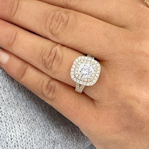 Cushion Cut Moissanite And Round Cut Sides Cvd Diamonds Engagement Ring Double Halo 14K Solid Yellow Gold Wedding Ring Split Shanks 2.80ctw