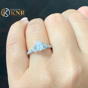 Pear Shape Moissanite And Round Cut Sides Engagement Ring 14k Solid White Gold Bridal Ring Halo Antique Filigree Style Wedding Ring 1.20ctw
