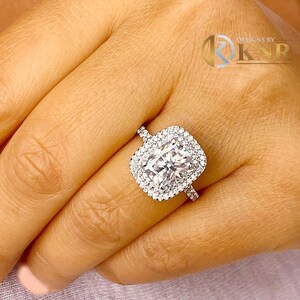 Cushion Cut Moissanite and Round Cut Sides Natural Diamond Engagement Ring Double Halo Style 14K Solid White Gold Wedding Bridal Ring 4.00ct