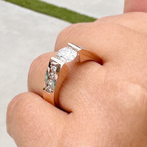 Round Cut Moissanite Engagement Ring Tension Set Ring 14k Solid Rose Gold Propose Ring Channel Set Wedding Ring Women's Bridal Ring 1.75ctw