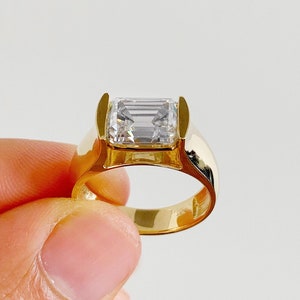 Emerald Cut Moissanite Engagement Ring Semi Tension Set Solitaire Set In 14k Heavy And Solid Yellow Gold Wedding Ring Thick Bridal Ring 3.50