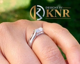 Heavy One Carat Emerald Cut Diamond 14k white gold engagement ring semi tension set bridal Natural Diamond Solitaire 1.00ctw