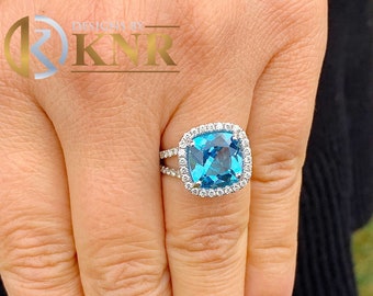 14k solid white gold cushion cut blue topaz and diamonds engagement ring Wedding, Anniversary, Natural Diamonds, Bridal Halo Large 4.70ctw