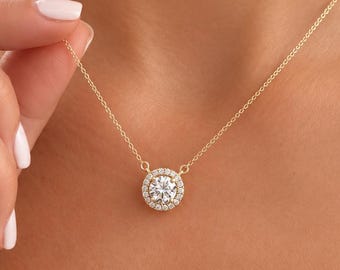 Round Cut Moissanite Pendant And Chain Solitaire Minimalist Dainty Halo Style 14k Solid Yellow Gold Necklace And Chain Wedding Gift 1.70ctw