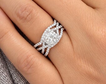 GIA Certified Princess Cut And Round Cut Sides Diamond Engagement Ring And Two Bands, Halo Wedding Set 14k Solid White Gold 1.60ctw