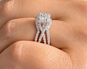Princess Shape Moissanite And Round Cut Sides Engagement Ring And Two Matching Bands Halo Style In 14K Solid White Gold 2.00ctw