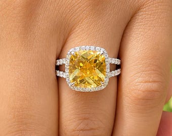 Cushion Cut Yellow Citrine And Cvd Round Cut Sides Diamond Engagement Ring 14k Solid White Gold Bridal Ring Halo Style Wedding Ring 5.80ctw