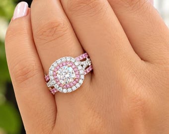 Cushion Cut Moissanite And Round Cut Sides Engagement Ring And Two Bands, Double Halo Wedding Set, 14k Solid White And Rose Gold 2.80ctw