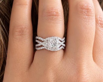 IGI Certified Princess Cut And Round Cut Sides Diamond Engagement Ring And Two Bands, Halo Wedding Set 14k Solid White Gold 2.00ctw