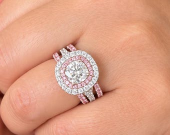 Cushion Cut And Round Cut Diamonds And Pink Sapphires Engagement Ring And Two Bands IGI Certified 14K White And Rose Gold Double Halo 3.00ct