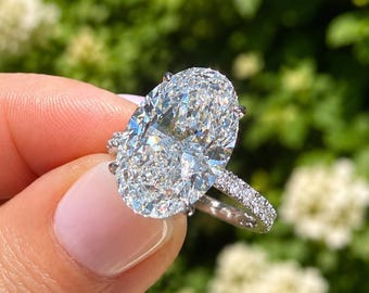 Oval Shape Moissanite Center And Round Cut Sides Engagement Ring Hidden Halo Style 14k White Gold Wedding Ring 6.25ctw