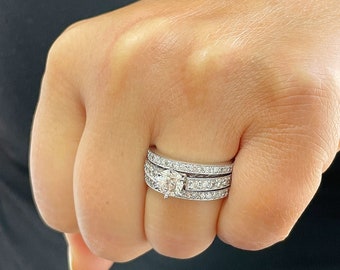 14K Solid White Gold Round Cut Natural Diamond Engagement Ring And Two Bands Wedding Set 1.70ctw