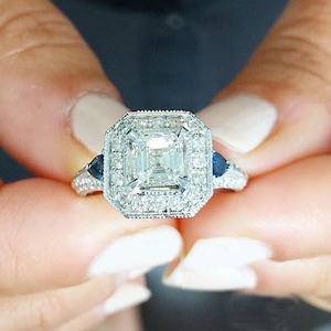 Asscher Cut Moissanite and Round Cut Sides Sapphire Engagement Ring Antique Halo Style Wedding Ring 14k Solid White Gold Bridal Ring 1.80ctw