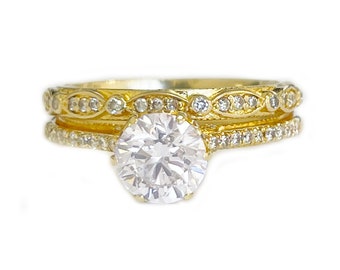 GIA Certified 14k Solid Yellow Gold Round Cut Diamond Engagement Ring And Band Bridal Set 1.50ctw F-VS2