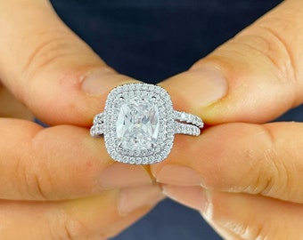 Cushion Cut And Round Cut Diamond Engagement Ring And Matching Band IGI Certified 14k Solid White Gold Double Halo Bridal Set 2.30ct F-VS2