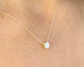 Round Cut CVD Diamond Pendant And Chain Solitaire Minimalist Dainty 14k Solid Yellow Gold Necklace And Chain Bridal Wedding Gift 0.50ct