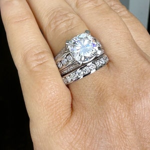 Cushion And Round Cut Sides Diamond Engagement Ring And Band Set In IGI Certified 14K Solid White Gold Hiden Halo Wedding Bridal Ring 7.50ct