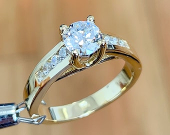 Round Cut Shape Moissanite Engagement Ring Channel Set Bridal Ring 14k Solid And Heavy Yellow Gold Women&#39;s Wedding Ring For Her 1.50ctw