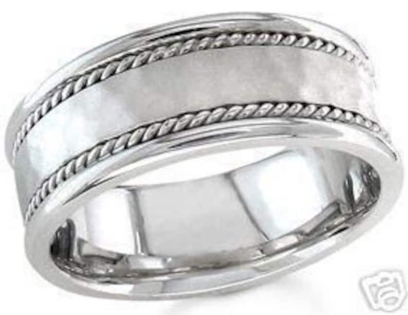 14k white gold mens 7mm hammered and braided wedding band