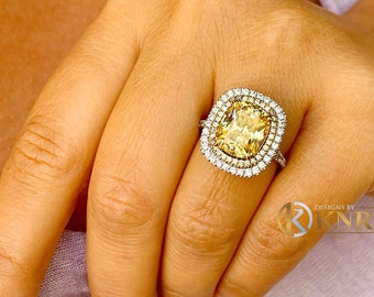 Fancy Yellow Cushion Simulated And Round Cut Cvd Diamond Engagement Ring Halo Right Hand Ring Women's Wedding Ring 14k Solid White Gold 5.70