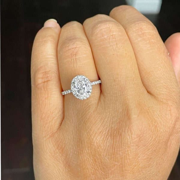 14k Solid White Gold Oval Cut Oval Moissanite and Round Cut Engagement Ring Wedding, Bridal Propose Halo Style  2.00ctw