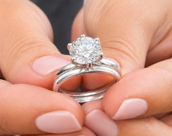 Round Cut IGI Certified Diamond Engagement Ring Solitaire And Matching Band Wedding Set Women's Bridal Set 14k Solid White Gold 1.50ctw
