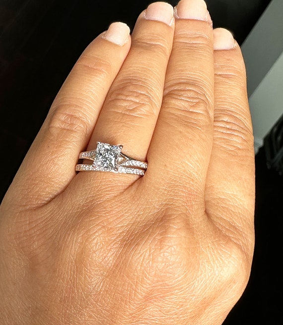Princess Cut Moissanite and Round Cut Engagement Ring and Matching Band in 14k Solid Rose Gold Wedding Ring and Band Bridal Set 2.10ctw Etsy Australia